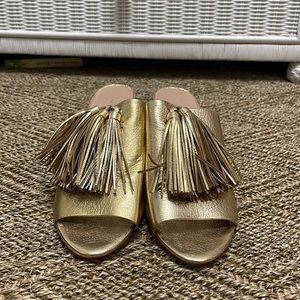 Loeffler Randall Gold Metallic Tassel 3” Block Heel Slide